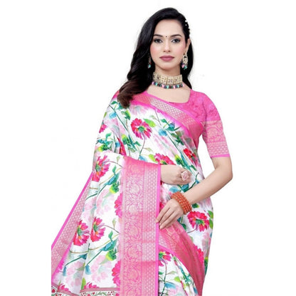 Generic Women's Cotton Silk Floral Printed Saree With Unstitched Blouse 5.5Mtr (Pink-White)