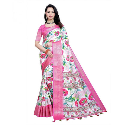 Generic Women's Cotton Silk Floral Printed Saree With Unstitched Blouse 5.5Mtr (Pink-White)