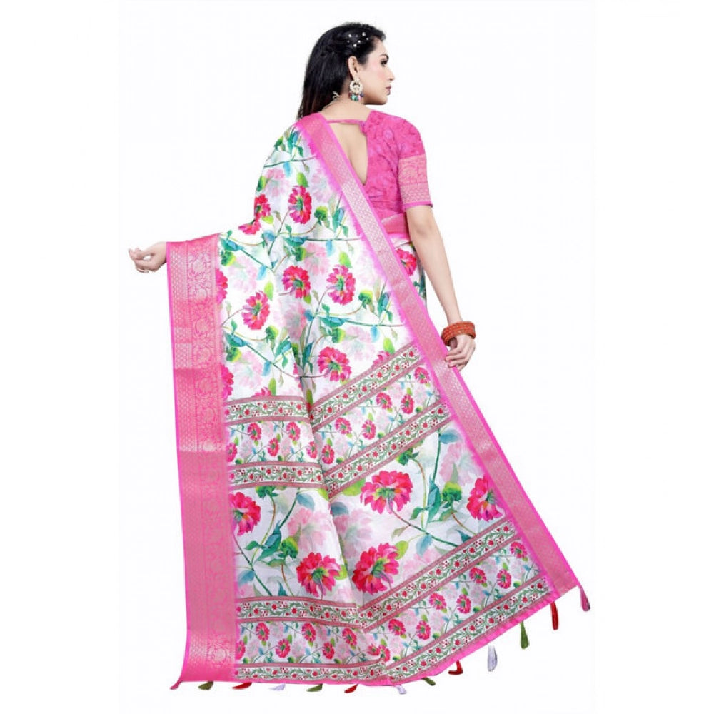 Generic Women's Cotton Silk Floral Printed Saree With Unstitched Blouse 5.5Mtr (Pink-White)