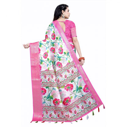 Generic Women's Cotton Silk Floral Printed Saree With Unstitched Blouse 5.5Mtr (Pink-White)