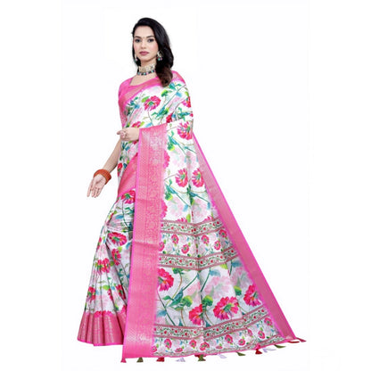 Generic Women's Cotton Silk Floral Printed Saree With Unstitched Blouse 5.5Mtr (Pink-White)