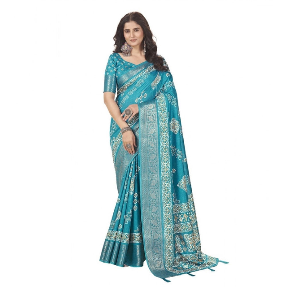 Generic Women's Cotton Silk Printed Saree With Unstitched Blouse 5.5Mtr (Teal)