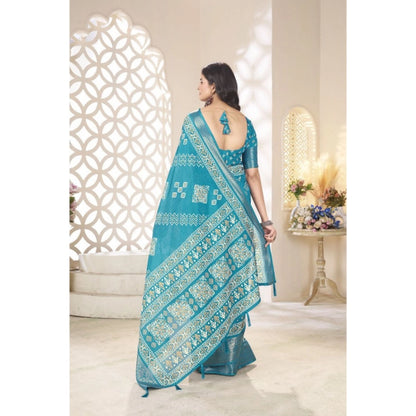 Generic Women's Cotton Silk Printed Saree With Unstitched Blouse 5.5Mtr (Teal)