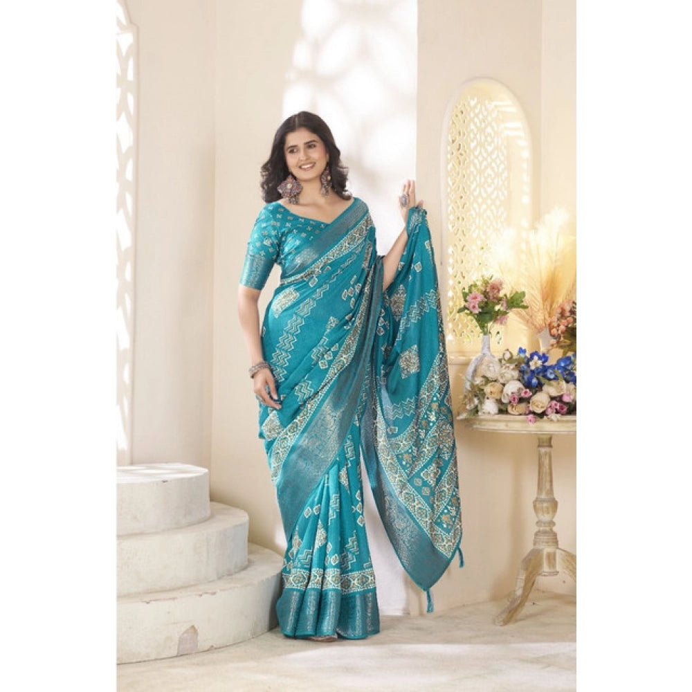 Generic Women's Cotton Silk Printed Saree With Unstitched Blouse 5.5Mtr (Teal)