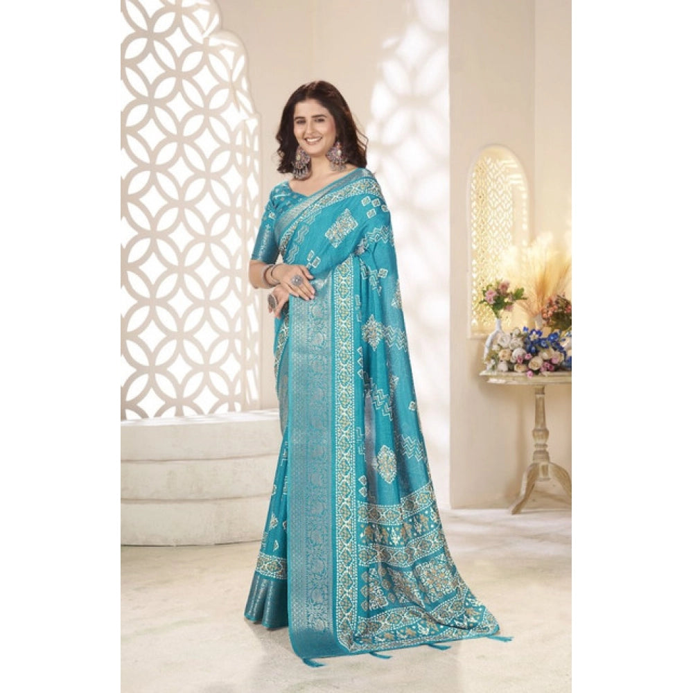Generic Women's Cotton Silk Printed Saree With Unstitched Blouse 5.5Mtr (Teal)