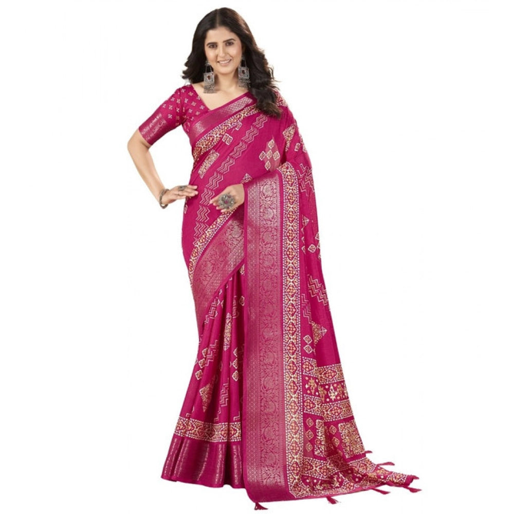 Generic Women's Cotton Silk Printed Saree With Unstitched Blouse 5.5Mtr (Pink)