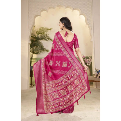 Generic Women's Cotton Silk Printed Saree With Unstitched Blouse 5.5Mtr (Pink)