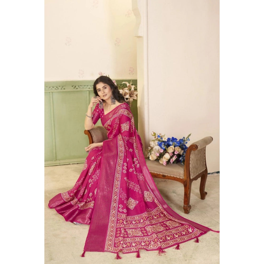 Generic Women's Cotton Silk Printed Saree With Unstitched Blouse 5.5Mtr (Pink)