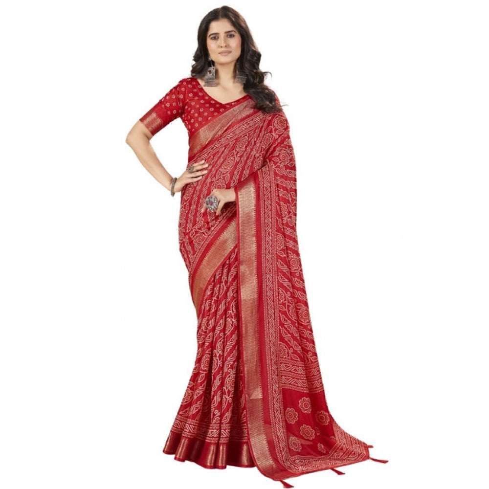 Generic Women's Cotton Silk Printed Saree With Unstitched Blouse 5.5Mtr (Red)