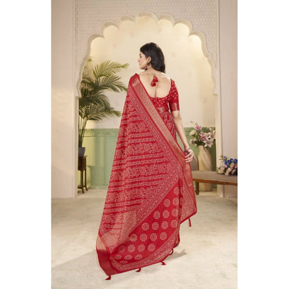 Generic Women's Cotton Silk Printed Saree With Unstitched Blouse 5.5Mtr (Red)