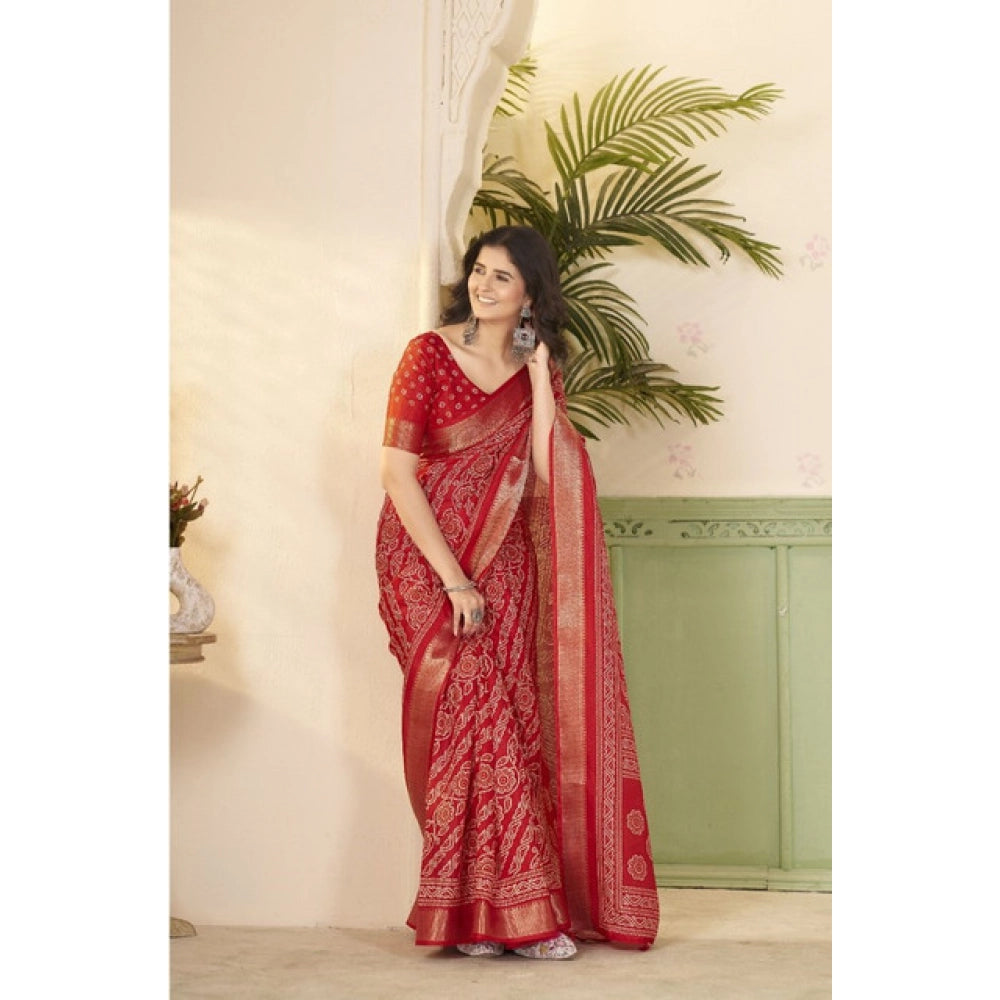 Generic Women's Cotton Silk Printed Saree With Unstitched Blouse 5.5Mtr (Red)