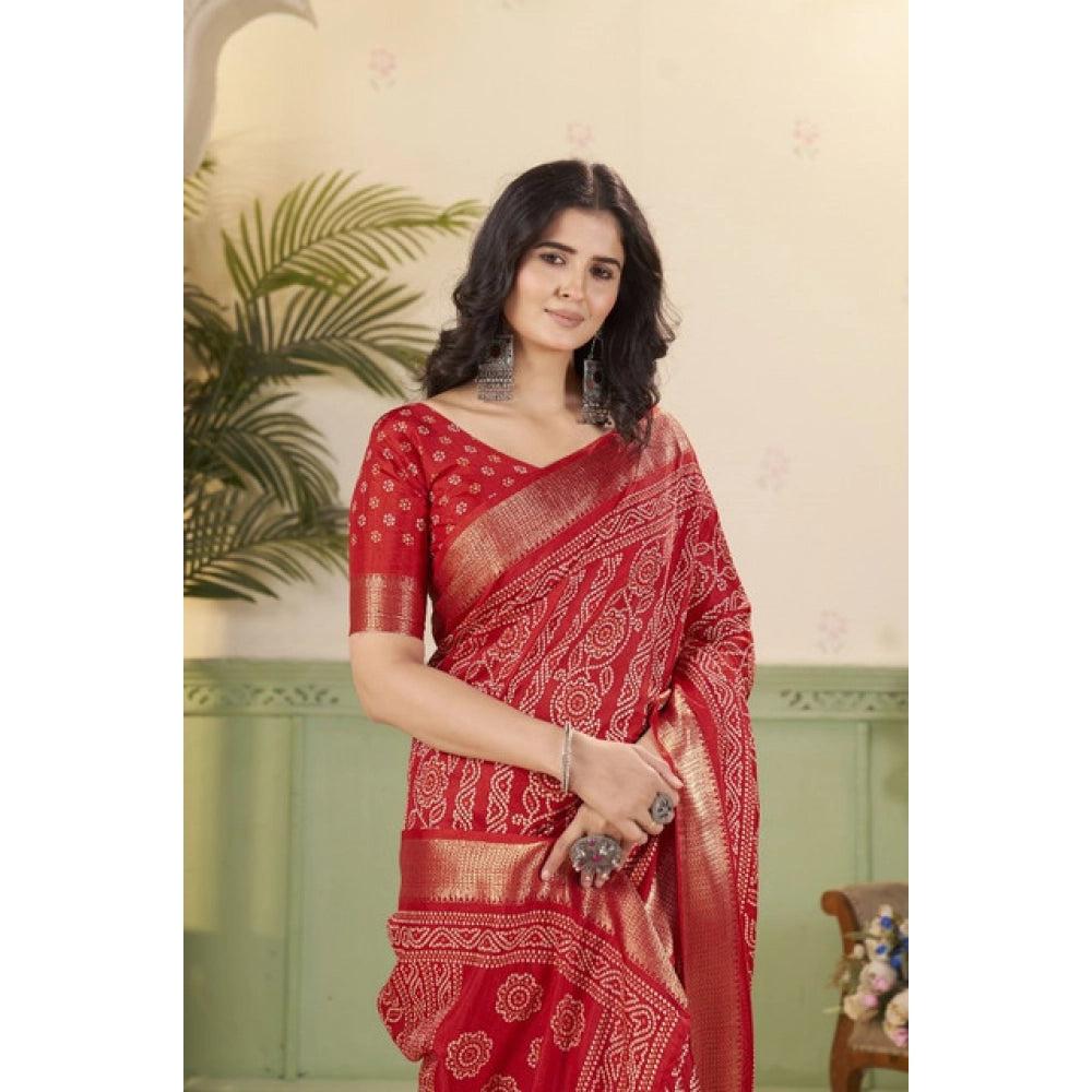 Generic Women's Cotton Silk Printed Saree With Unstitched Blouse 5.5Mtr (Red)