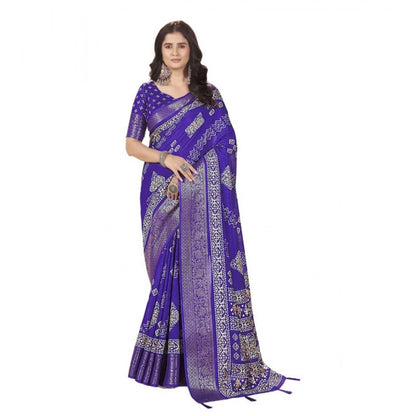 Generic Women's Cotton Silk Printed Saree With Unstitched Blouse 5.5Mtr (Royal Blue)