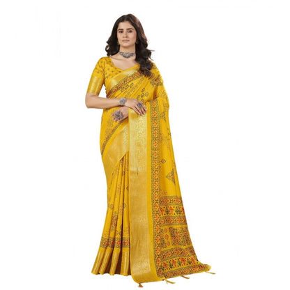 Generic Women's Cotton Silk Printed Saree With Unstitched Blouse 5.5Mtr (Yellow)
