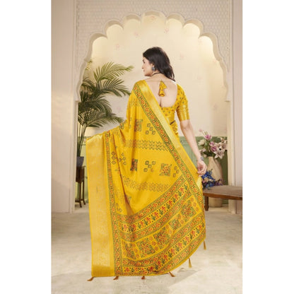 Generic Women's Cotton Silk Printed Saree With Unstitched Blouse 5.5Mtr (Yellow)