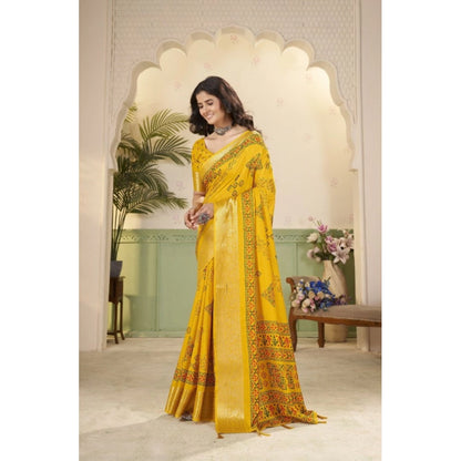 Generic Women's Cotton Silk Printed Saree With Unstitched Blouse 5.5Mtr (Yellow)