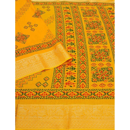 Generic Women's Cotton Silk Printed Saree With Unstitched Blouse 5.5Mtr (Yellow)