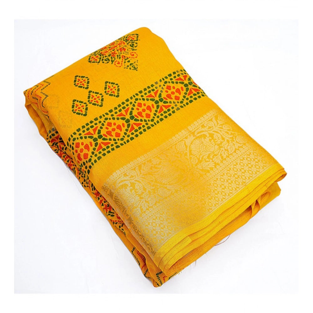 Generic Women's Cotton Silk Printed Saree With Unstitched Blouse 5.5Mtr (Yellow)