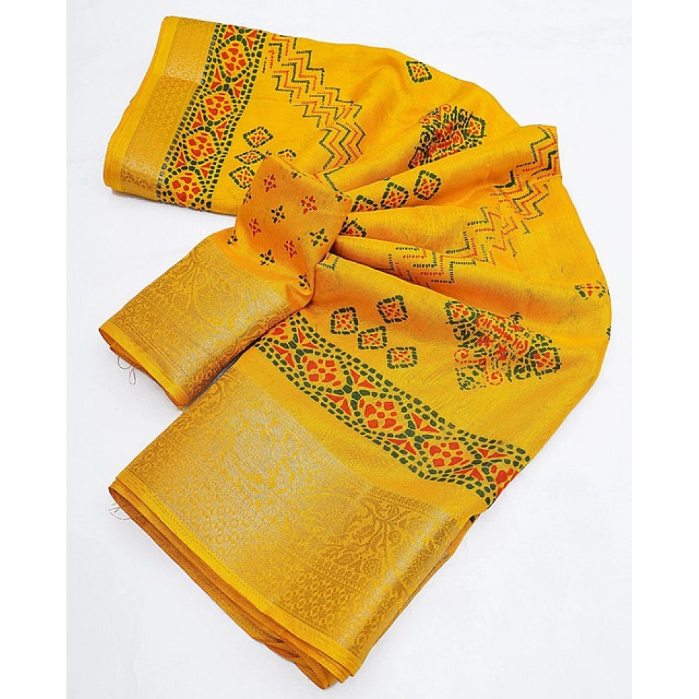 Generic Women's Cotton Silk Printed Saree With Unstitched Blouse 5.5Mtr (Yellow)