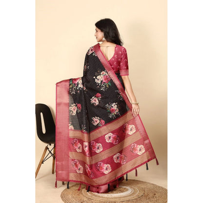 Generic Women's Cotton Silk Floral Printed Saree With Unstitched Blouse 5.5Mtr (Black)