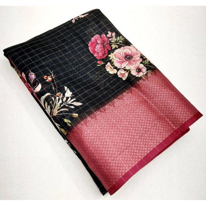 Generic Women's Cotton Silk Floral Printed Saree With Unstitched Blouse 5.5Mtr (Black)