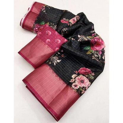 Generic Women's Cotton Silk Floral Printed Saree With Unstitched Blouse 5.5Mtr (Black)