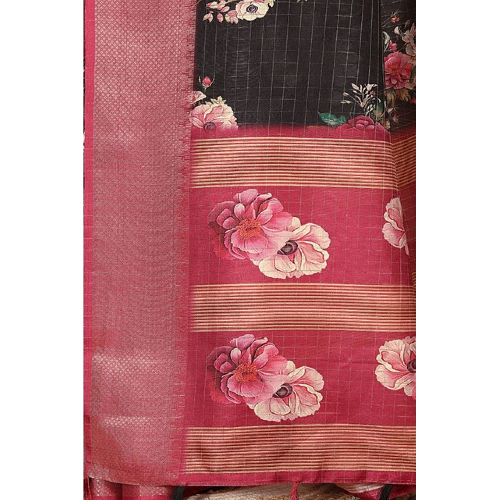 Generic Women's Cotton Silk Floral Printed Saree With Unstitched Blouse 5.5Mtr (Black)