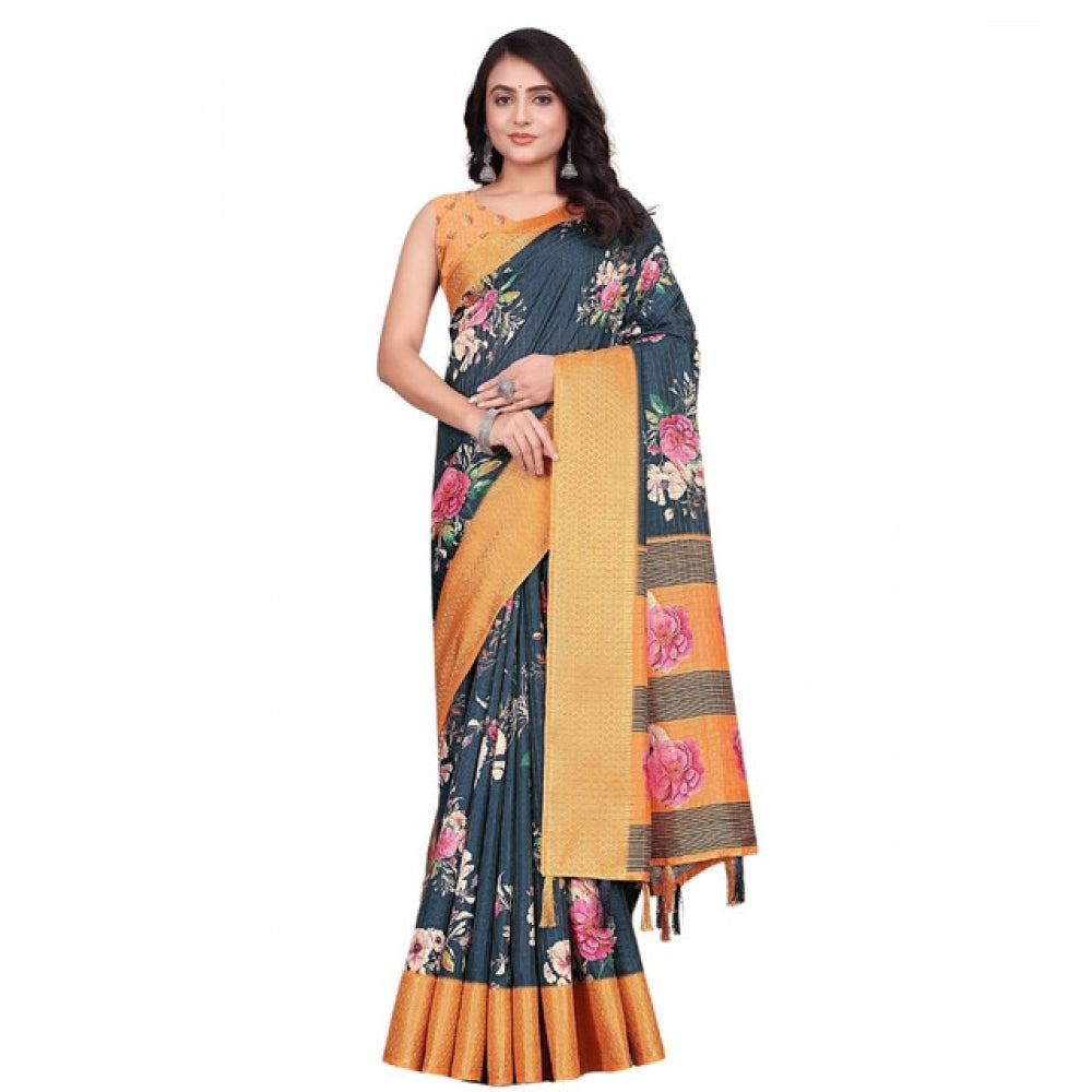Generic Women's Cotton Silk Floral Printed Saree With Unstitched Blouse 5.5Mtr (Blue)