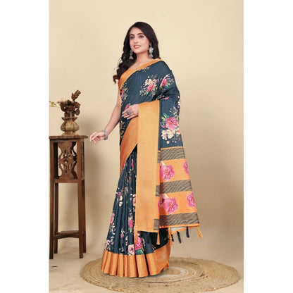 Generic Women's Cotton Silk Floral Printed Saree With Unstitched Blouse 5.5Mtr (Blue)