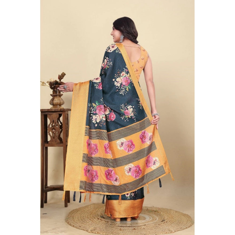 Generic Women's Cotton Silk Floral Printed Saree With Unstitched Blouse 5.5Mtr (Blue)