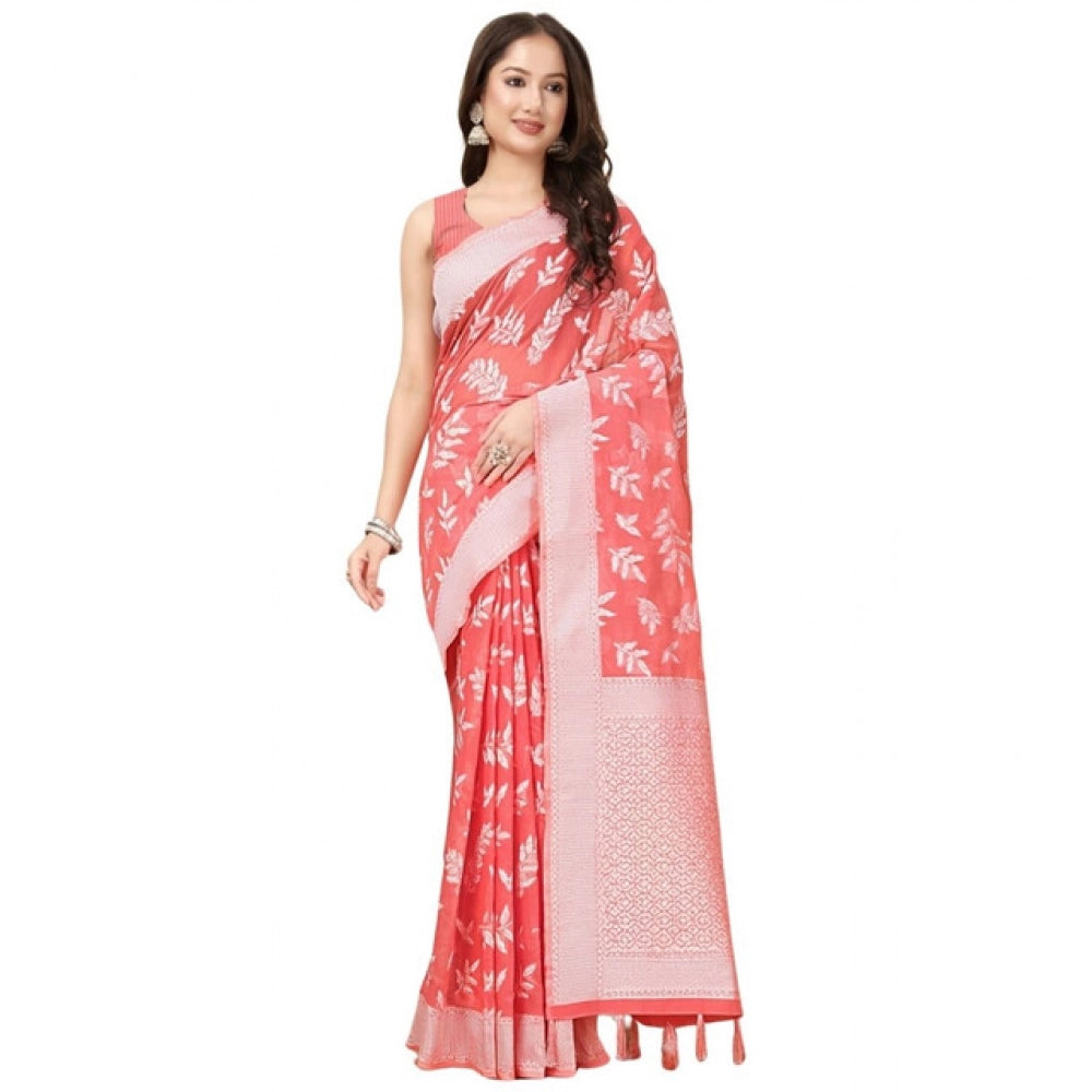 Generic Women's Art Silk Jacquard Printed Saree With Unstitched Blouse 5.5Mtr (Peach)