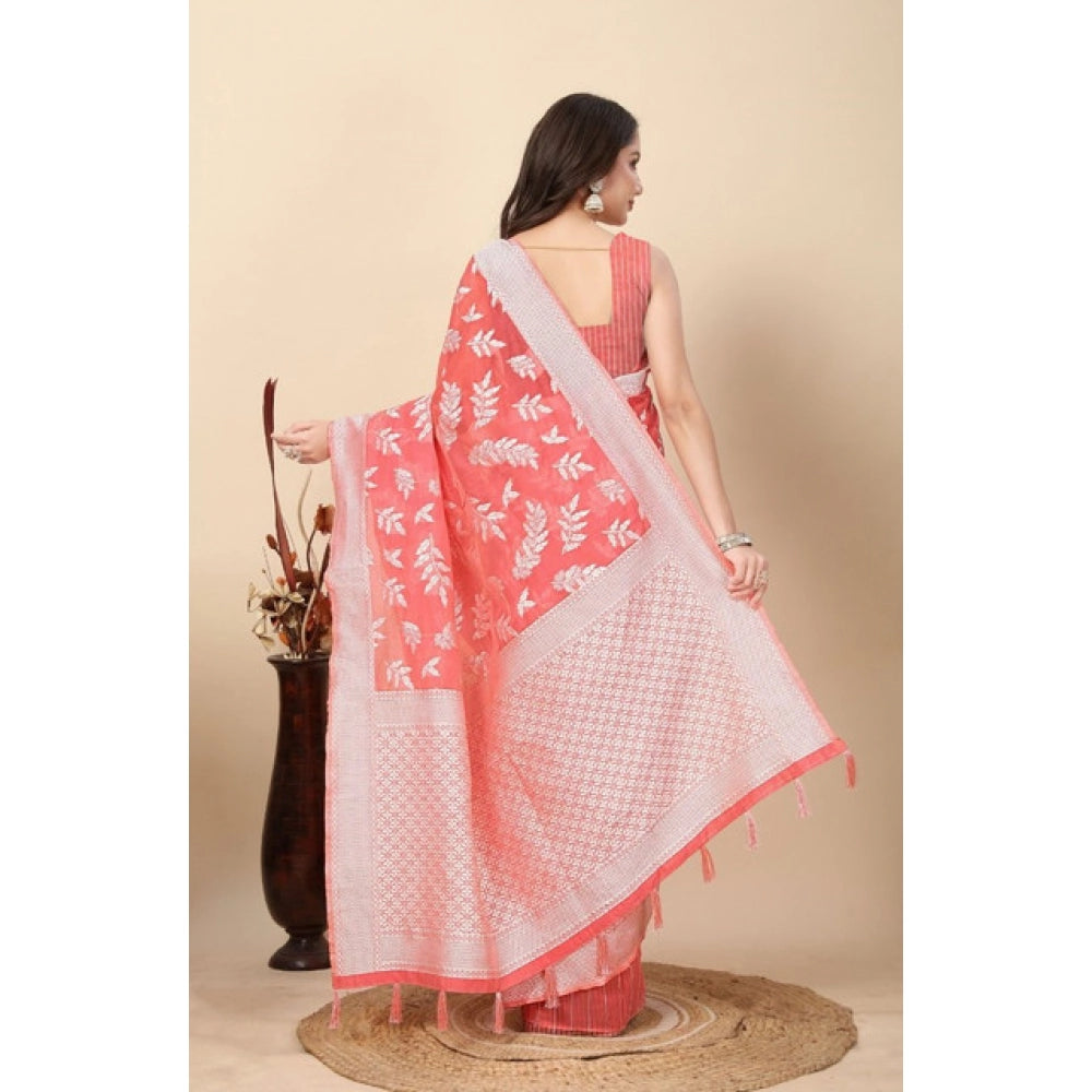 Generic Women's Art Silk Jacquard Printed Saree With Unstitched Blouse 5.5Mtr (Peach)