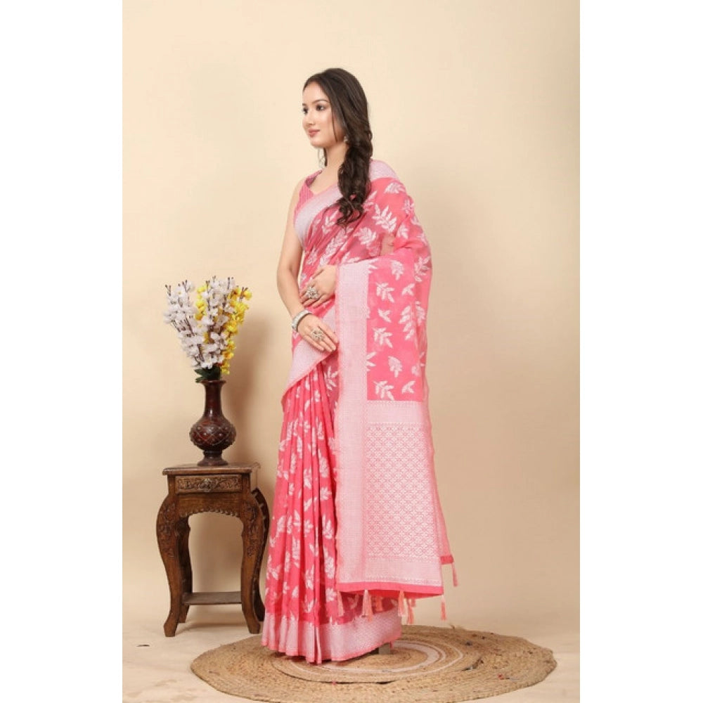 Generic Women's Art Silk Jacquard Printed Saree With Unstitched Blouse 5.5Mtr (Pink)