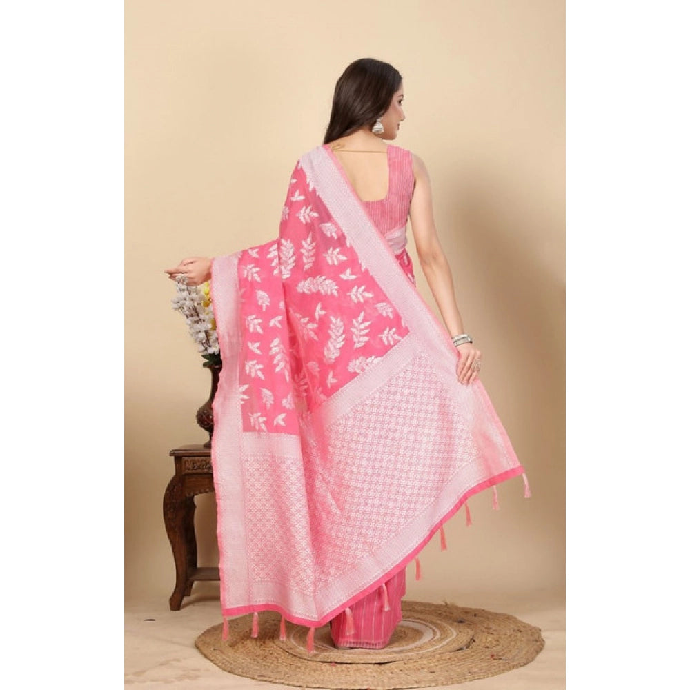 Generic Women's Art Silk Jacquard Printed Saree With Unstitched Blouse 5.5Mtr (Pink)