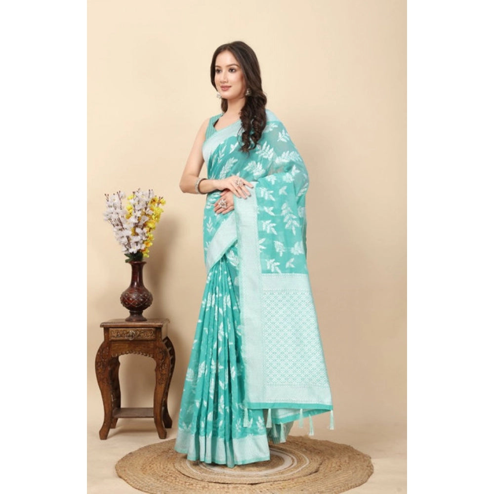 Generic Women's Art Silk Jacquard Printed Saree With Unstitched Blouse 5.5Mtr (Sky Blue)
