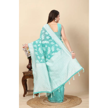 Generic Women's Art Silk Jacquard Printed Saree With Unstitched Blouse 5.5Mtr (Sky Blue)