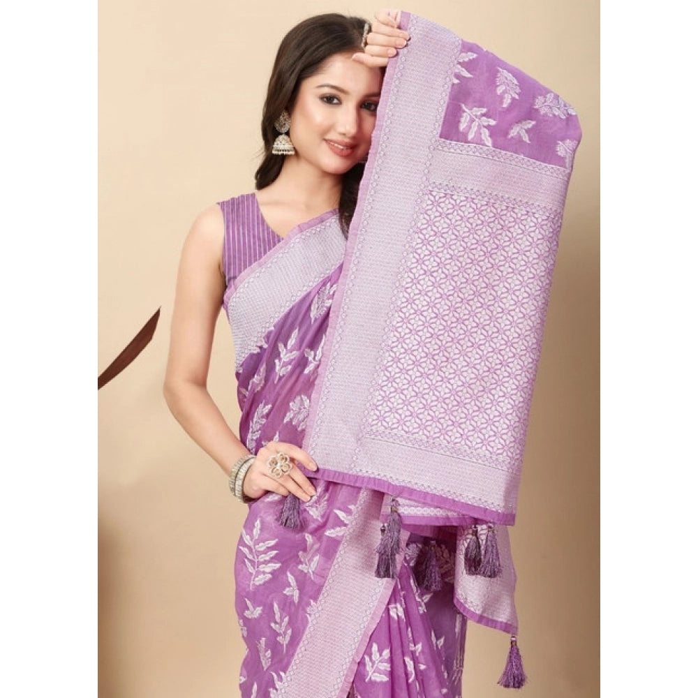 Generic Women's Art Silk Jacquard Printed Saree With Unstitched Blouse 5.5Mtr (Purple)