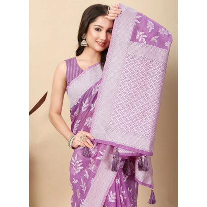Generic Women's Art Silk Jacquard Printed Saree With Unstitched Blouse 5.5Mtr (Purple)
