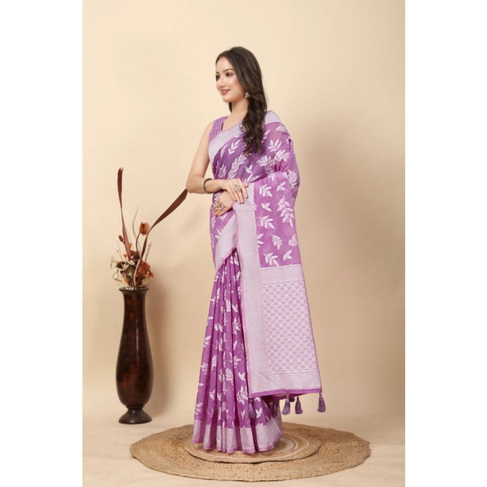 Generic Women's Art Silk Jacquard Printed Saree With Unstitched Blouse 5.5Mtr (Purple)