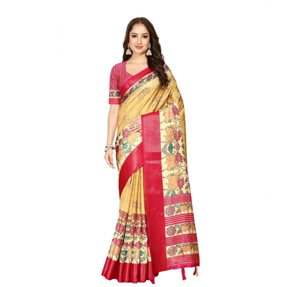 Generic Women's Cotton Silk Printed Saree With Unstitched Blouse 5.5Mtr (Yellow Red)