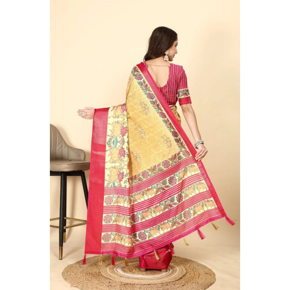 Generic Women's Cotton Silk Printed Saree With Unstitched Blouse 5.5Mtr (Yellow Red)