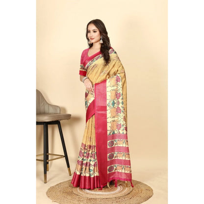 Generic Women's Cotton Silk Printed Saree With Unstitched Blouse 5.5Mtr (Yellow Red)
