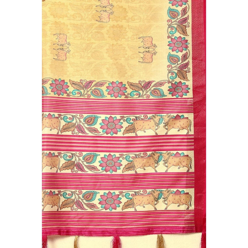 Generic Women's Cotton Silk Printed Saree With Unstitched Blouse 5.5Mtr (Yellow Red)