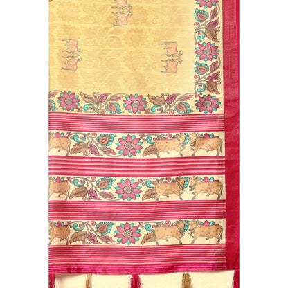Generic Women's Cotton Silk Printed Saree With Unstitched Blouse 5.5Mtr (Yellow Red)
