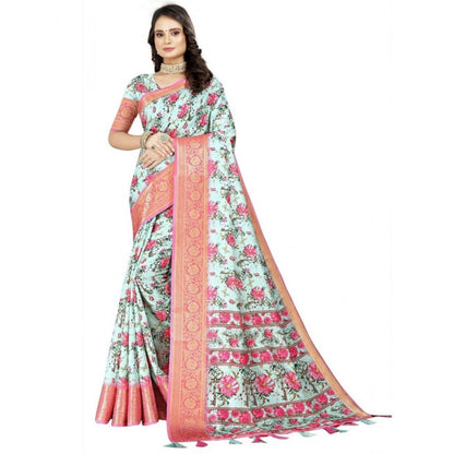 Generic Women's Cotton Silk Floral Printed Saree With Unstitched Blouse 5.5Mtr (Multicolor)