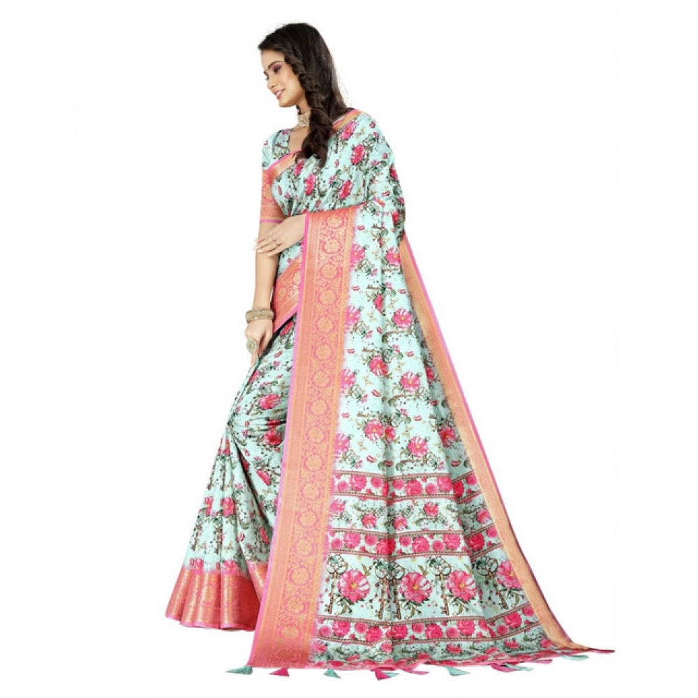 Generic Women's Cotton Silk Floral Printed Saree With Unstitched Blouse 5.5Mtr (Multicolor)