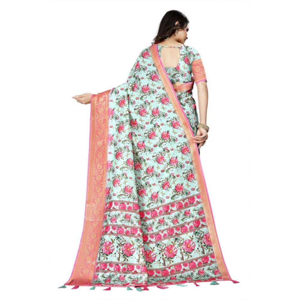 Generic Women's Cotton Silk Floral Printed Saree With Unstitched Blouse 5.5Mtr (Multicolor)