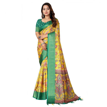 Generic Women's Cotton Silk Floral Printed Saree With Unstitched Blouse 5.5Mtr (Yellow-Green)