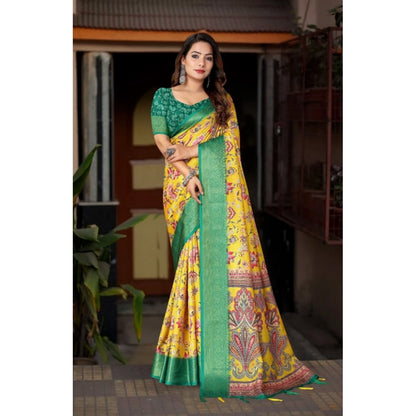 Generic Women's Cotton Silk Floral Printed Saree With Unstitched Blouse 5.5Mtr (Yellow-Green)