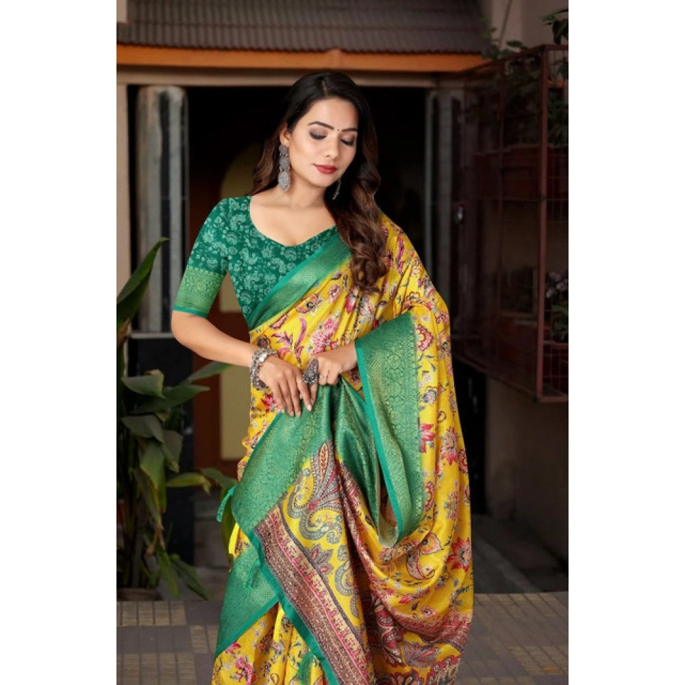 Generic Women's Cotton Silk Floral Printed Saree With Unstitched Blouse 5.5Mtr (Yellow-Green)
